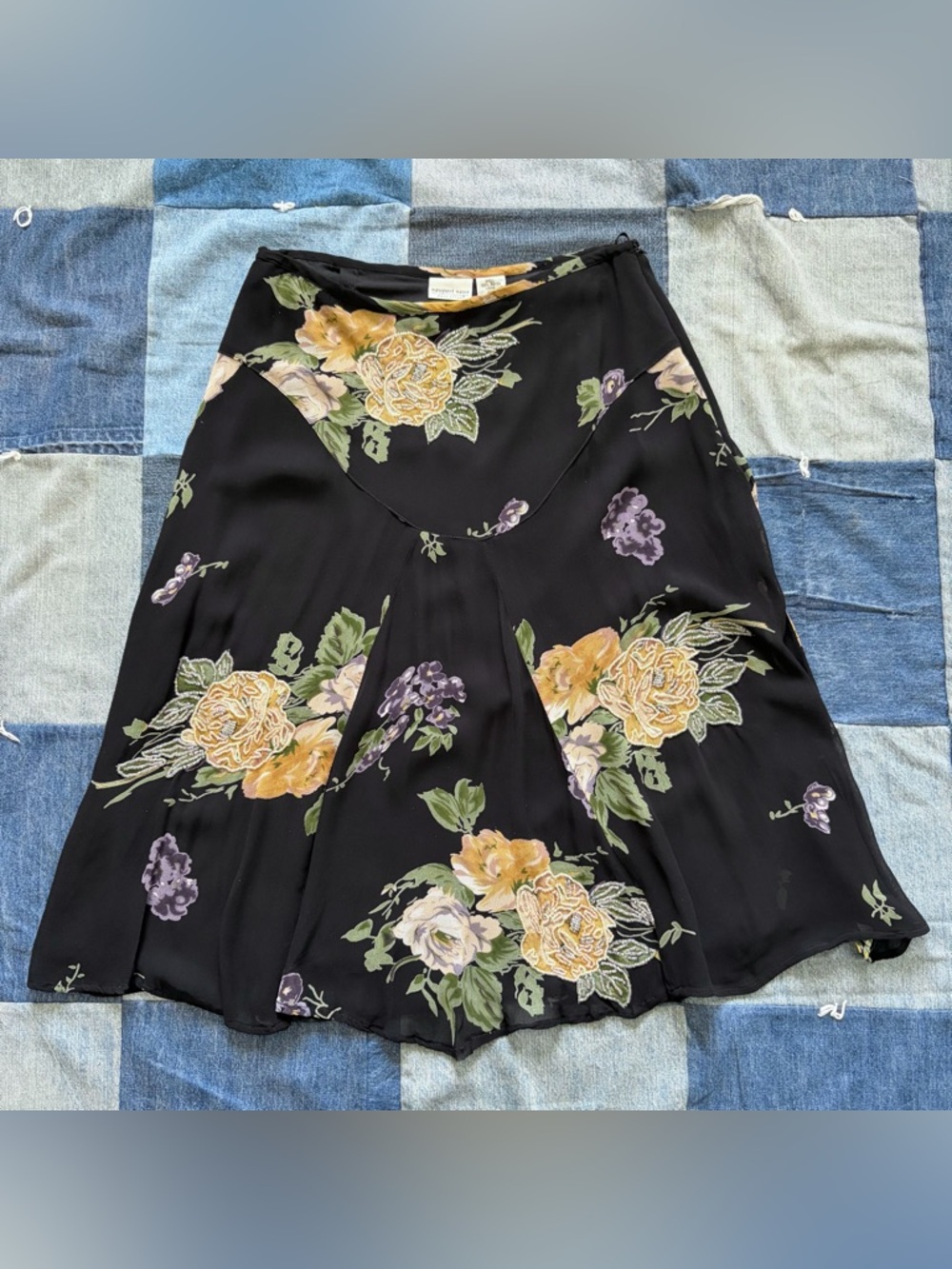 VTG Beaded Floral Newport News Skirt Black Yellow Fairy Rounded Yoke Fits Size 8